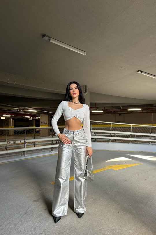 Metalik Palazzo Pantolon Gümüş