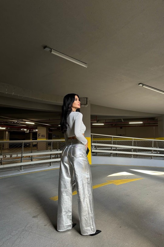 Metalik Palazzo Pantolon Gümüş