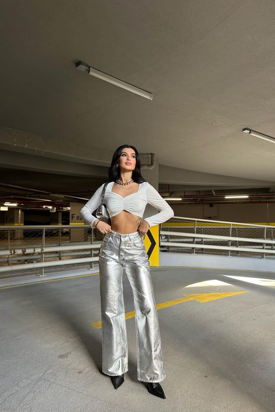Metalik Palazzo Pantolon Gümüş