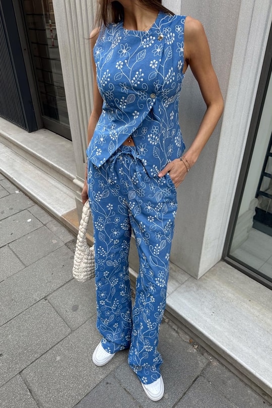 Nakışlı Blue Pantolon Mavi