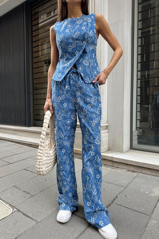 Nakışlı Blue Pantolon Mavi