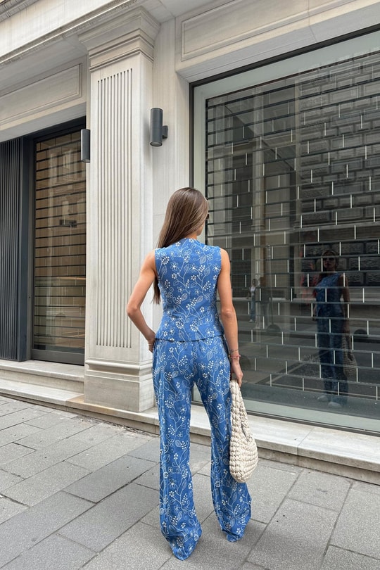 Nakışlı Blue Pantolon Mavi