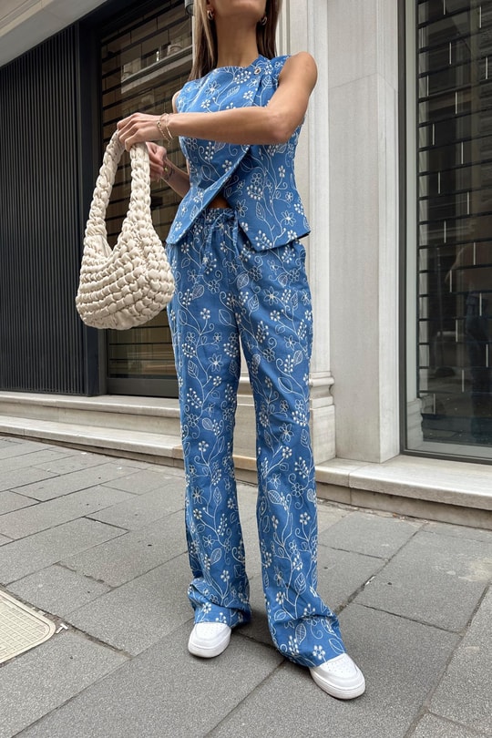 Nakışlı Blue Pantolon Mavi