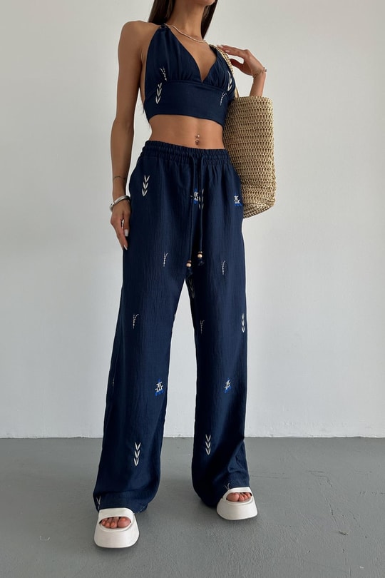 Nakışlı Keten Pantolon Lacivert