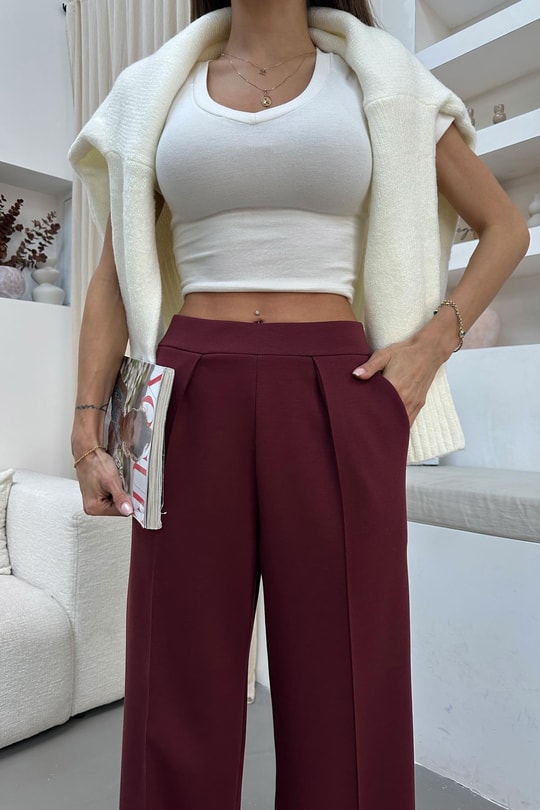 Ön Dikiş Detaylı Scuba  Pantolon Bordo