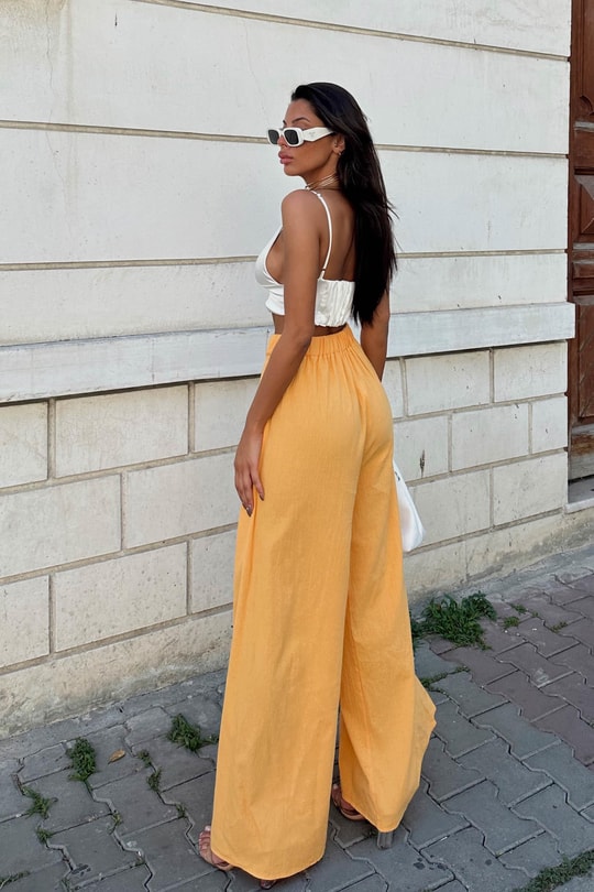 Önü Bağlamalı Keten Pantolon Kavuniçi