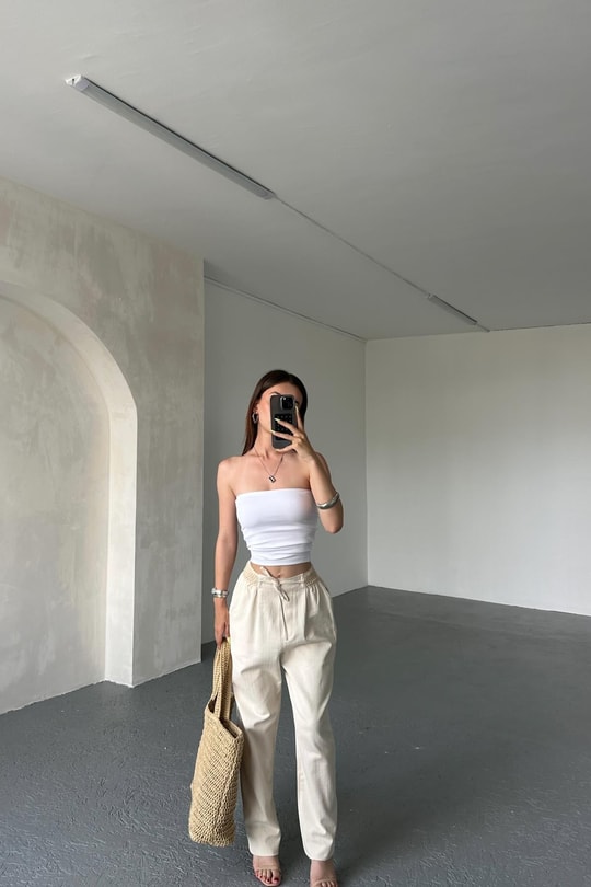 Örme Lastik Detay Bağcıklı Pantolon Taş