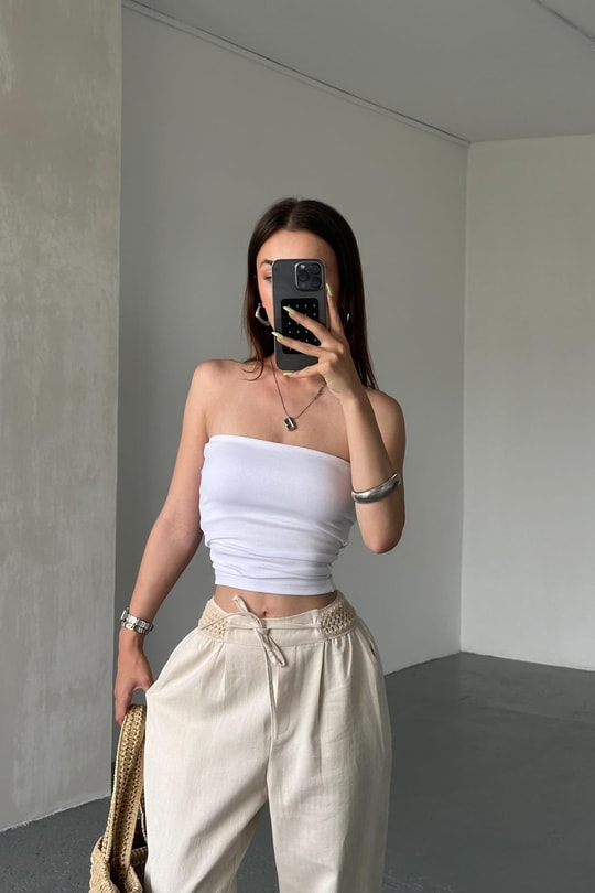Örme Lastik Detay Bağcıklı Pantolon Taş