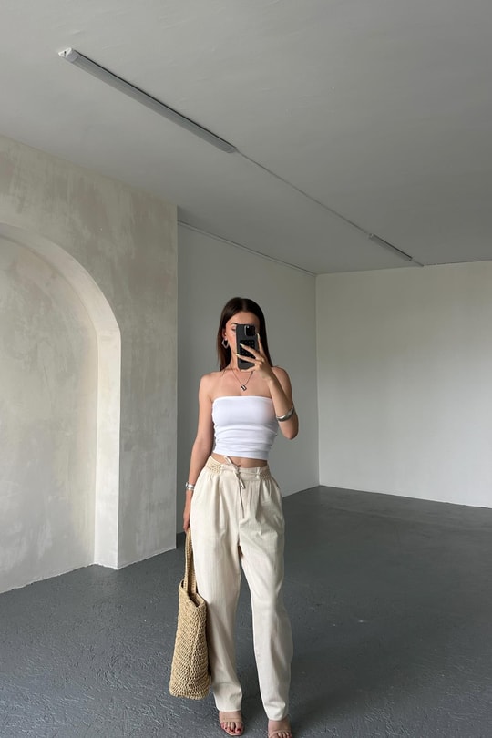 Örme Lastik Detay Bağcıklı Pantolon Taş