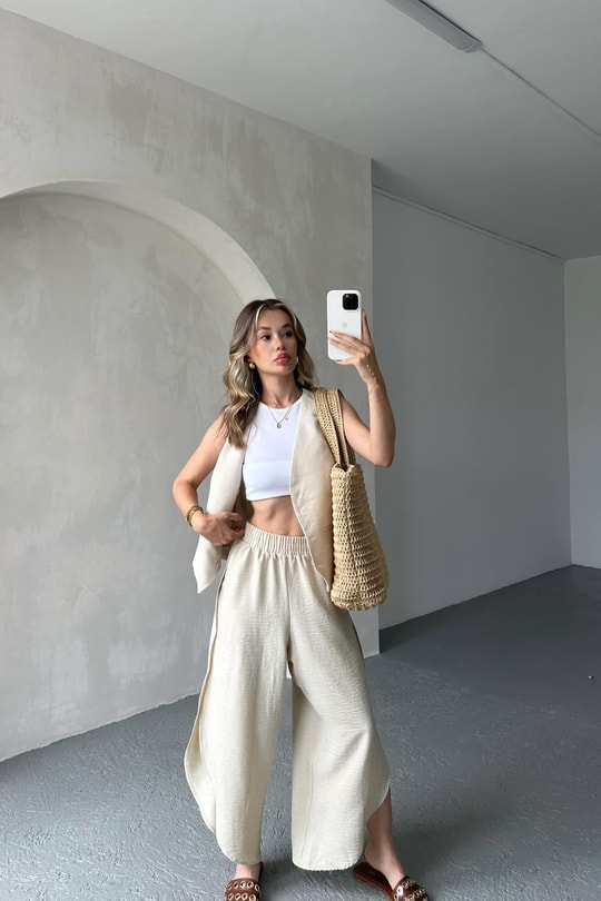 Oval Paça Şalvar Pantolon Taş