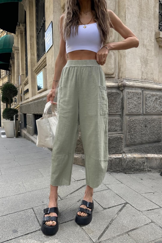 Paça Detaylı Keten Kargo Pantolon Yeşil
