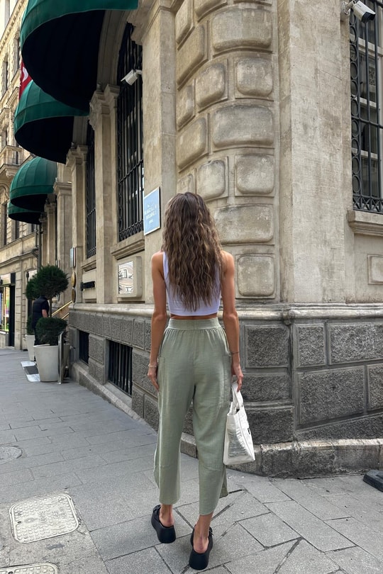 Paça Detaylı Keten Kargo Pantolon Yeşil