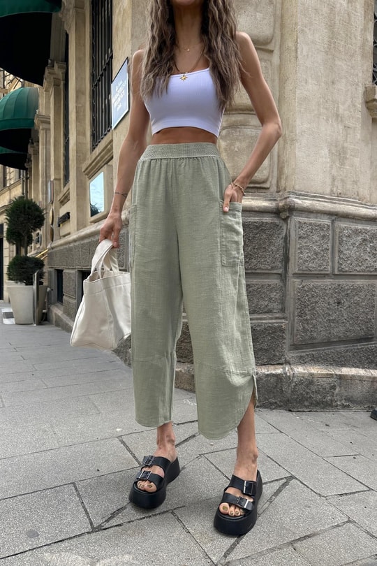 Paça Detaylı Keten Kargo Pantolon Yeşil