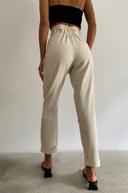 Paça Katlamalı Keten Straight Pantolon Bej