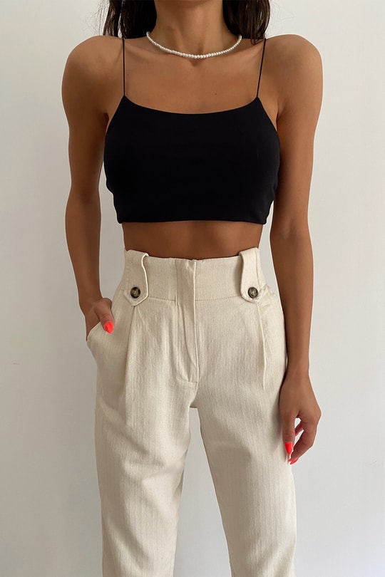 Paça Katlamalı Keten Straight Pantolon Bej