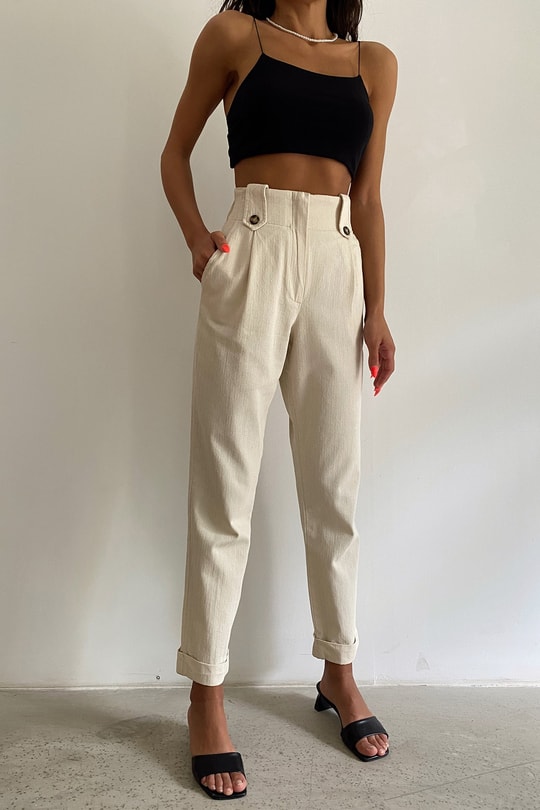 Paça Katlamalı Keten Straight Pantolon Bej
