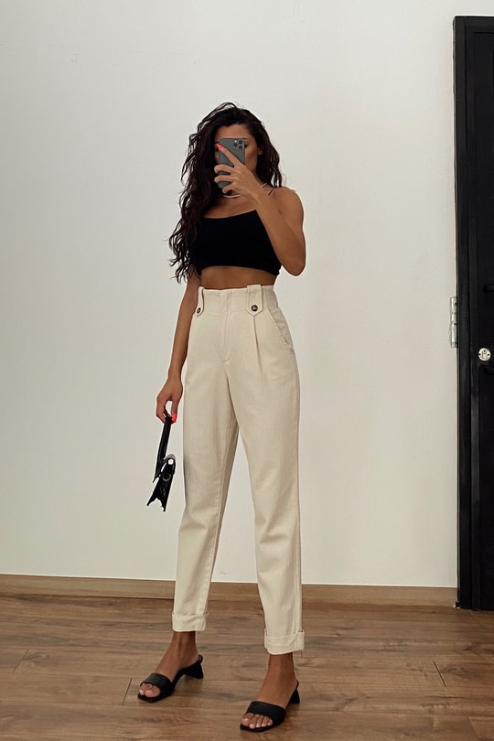 Paça Katlamalı Keten Straight Pantolon Bej