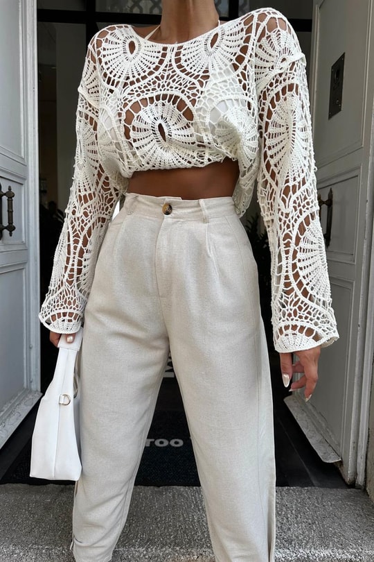 Paça Pensli Keten Jogger Pantolon Taş
