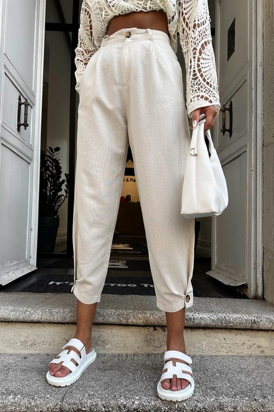 Paça Pensli Keten Jogger Pantolon Taş