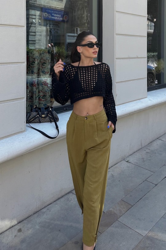 Paça Pensli Keten Jogger Pantolon Yağ Yeşili
