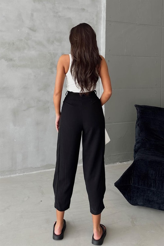 Paça Pensli Keten Jogger Pantolon Siyah