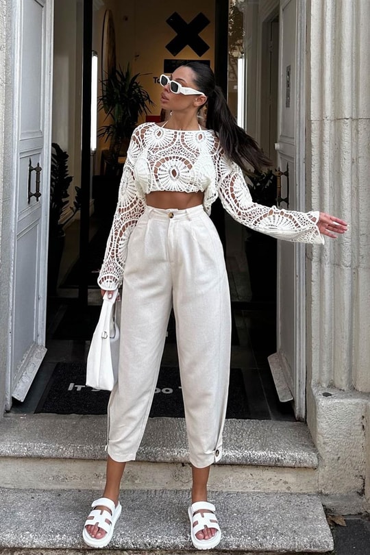 Paça Pensli Keten Jogger Pantolon Taş
