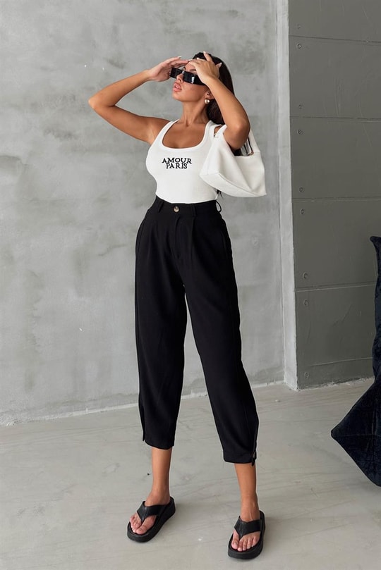 Paça Pensli Keten Jogger Pantolon Siyah