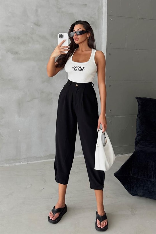 Paça Pensli Keten Jogger Pantolon Siyah