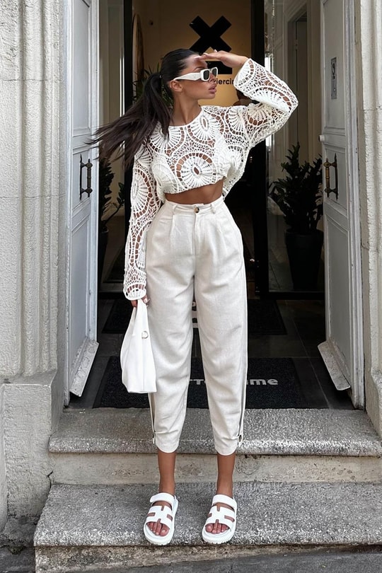 Paça Pensli Keten Jogger Pantolon Taş