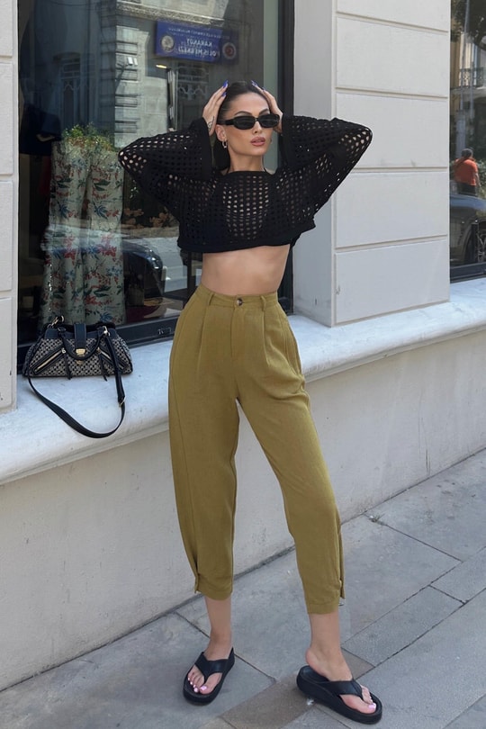 Paça Pensli Keten Jogger Pantolon Yağ Yeşili