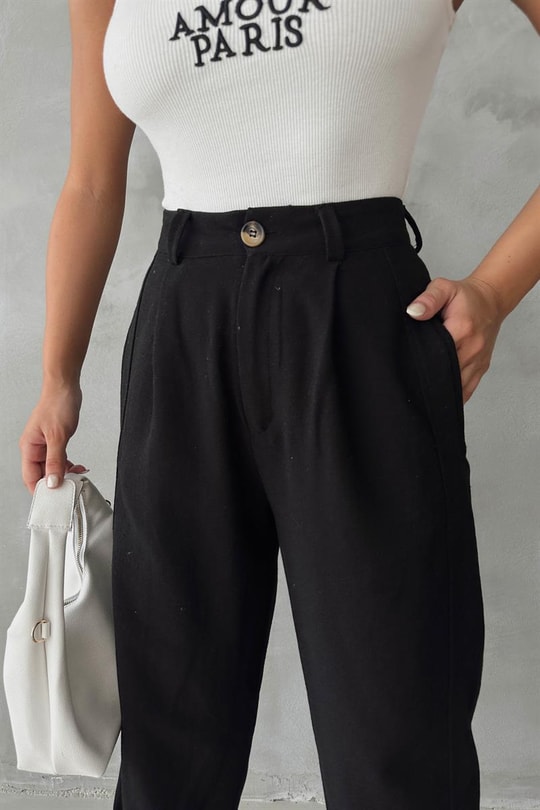 Paça Pensli Keten Jogger Pantolon Siyah