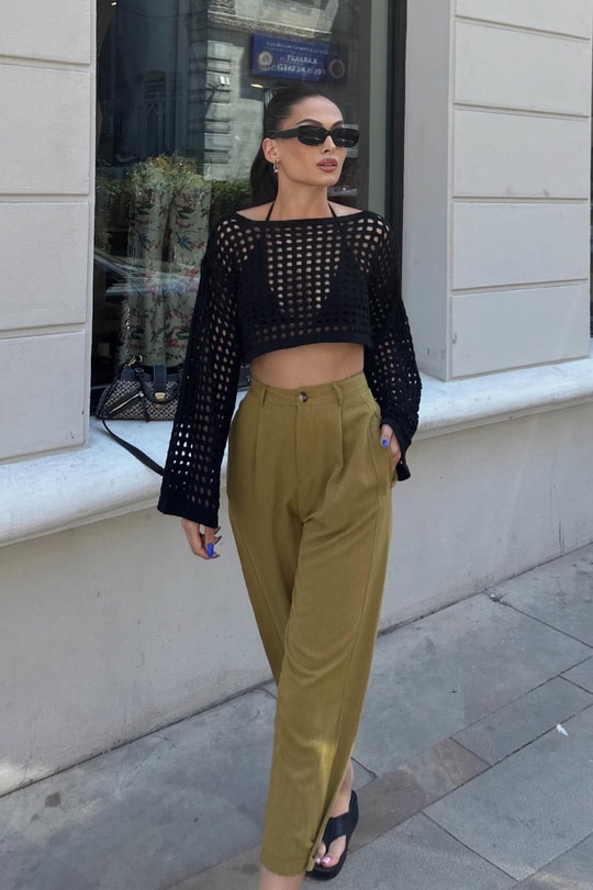 Paça Pensli Keten Jogger Pantolon Yağ Yeşili