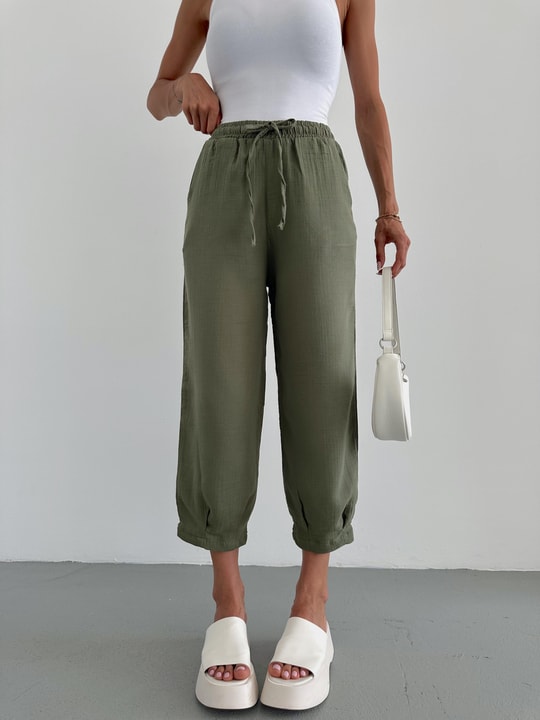Paça Pile Müslin Pantolon Haki