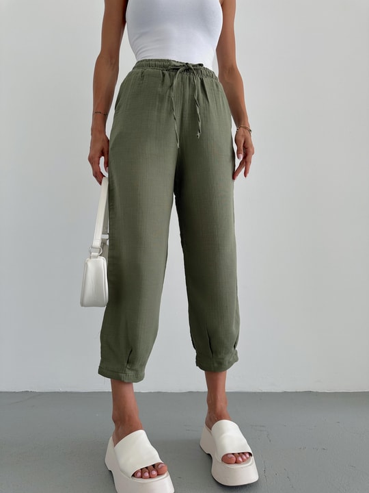 Paça Pile Müslin Pantolon Haki