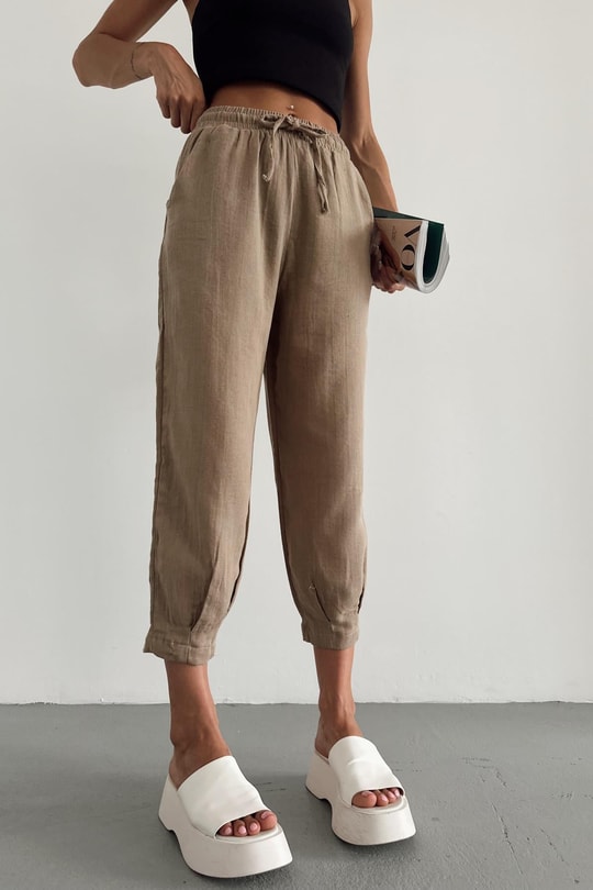 Paça Pile Müslin Pantolon Vizon