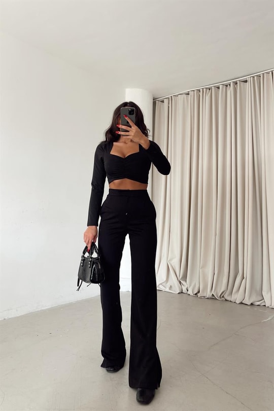 Paça Yırtmaçlı Basic Klasik Pantolon Siyah