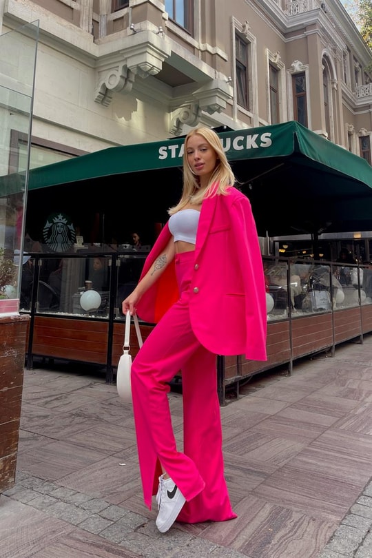 Paça Yırtmaçlı Basic Klasik Pantolon Fuşya