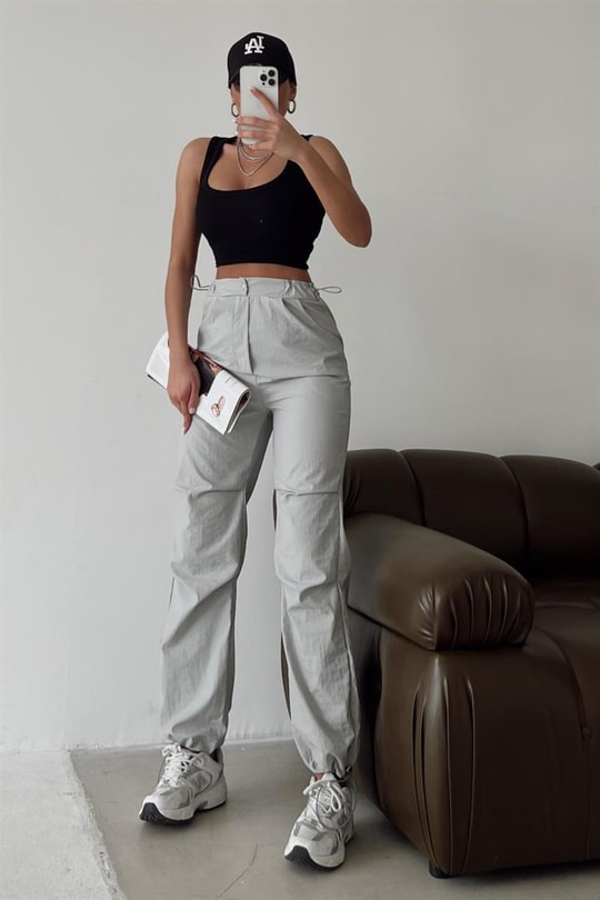 Paçası Büzgülü Paraşüt Pantolon GRİ