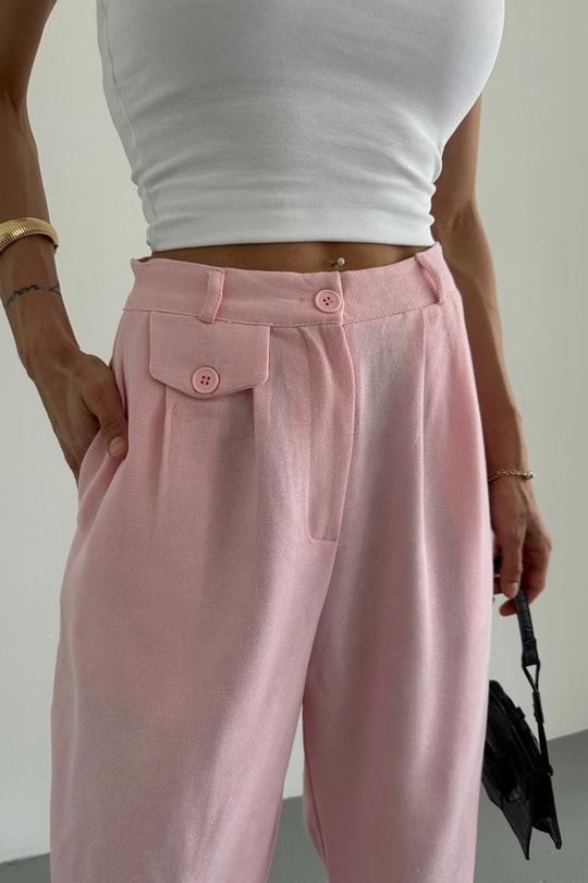 Paçası Düğmeli Keten Pantolon Pembe