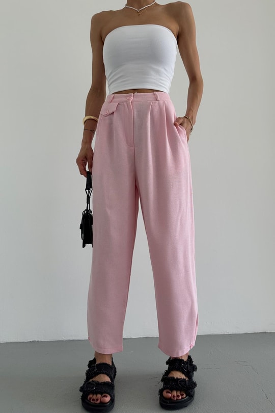 Paçası Düğmeli Keten Pantolon Pembe
