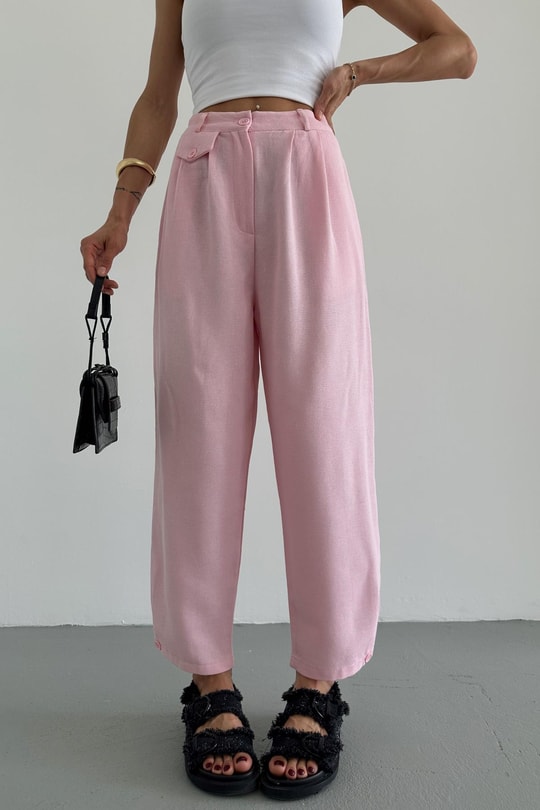 Paçası Düğmeli Keten Pantolon Pembe