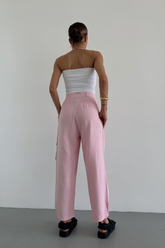 Paçası Düğmeli Keten Pantolon Pembe
