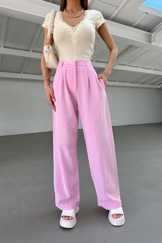 Pensli Keten Palazzo Pantolon Pembe