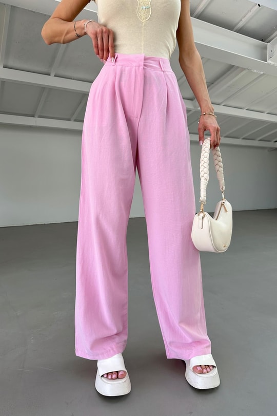 Pensli Keten Palazzo Pantolon Pembe