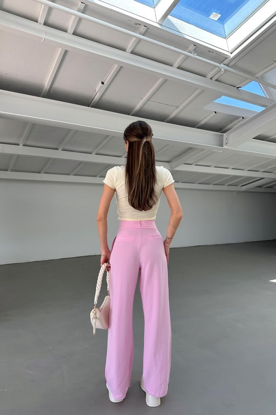 Pensli Keten Palazzo Pantolon Pembe
