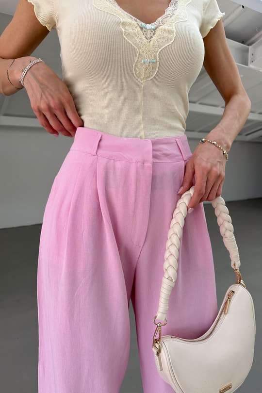 Pensli Keten Palazzo Pantolon Pembe