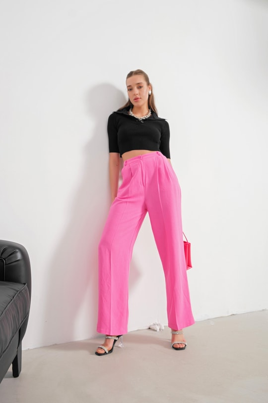 Pileli Bol Paça Keten Pantolon Pembe