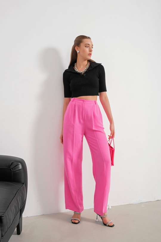 Pileli Bol Paça Keten Pantolon Pembe