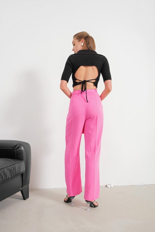 Pileli Bol Paça Keten Pantolon Pembe
