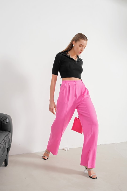 Pileli Bol Paça Keten Pantolon Pembe